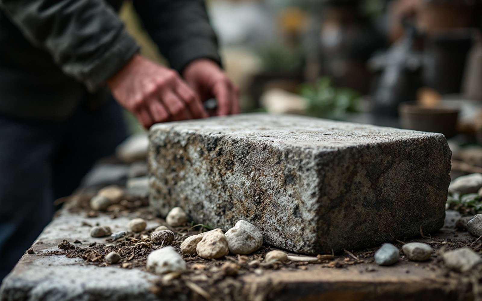 A hand reaches toward a large cut stone block surrounded by scattered pebbles on a bench